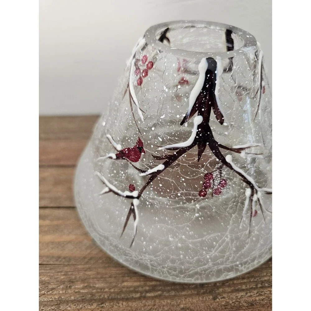 Yankee Candle Winter Branches Candle Shade Crackle Glass Berries Cardinal New